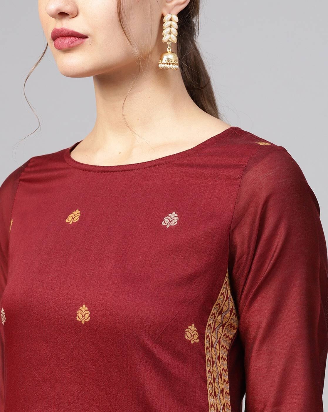 Maroon Jacquard-Woven Straight Kurta with Pants & Dupatta