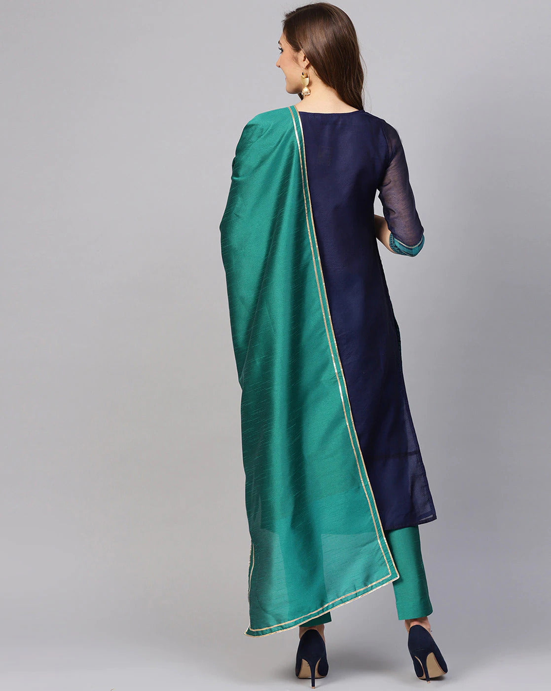 Blue Jacquard-Woven Straight Kurta with Pants & Dupatta