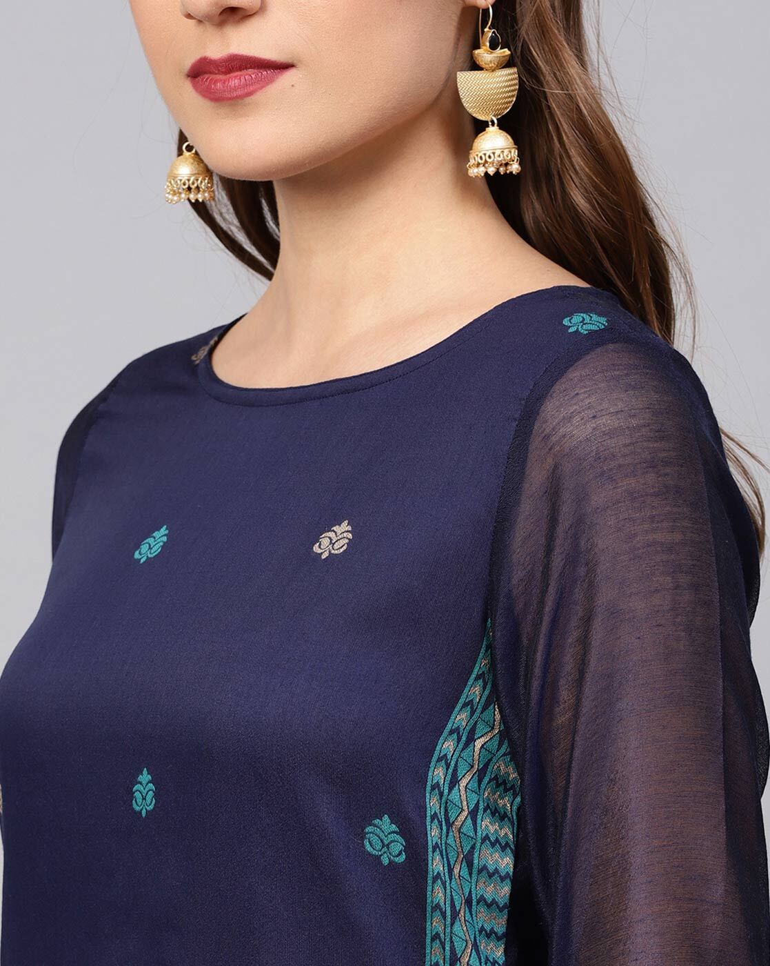 Blue Jacquard-Woven Straight Kurta with Pants & Dupatta