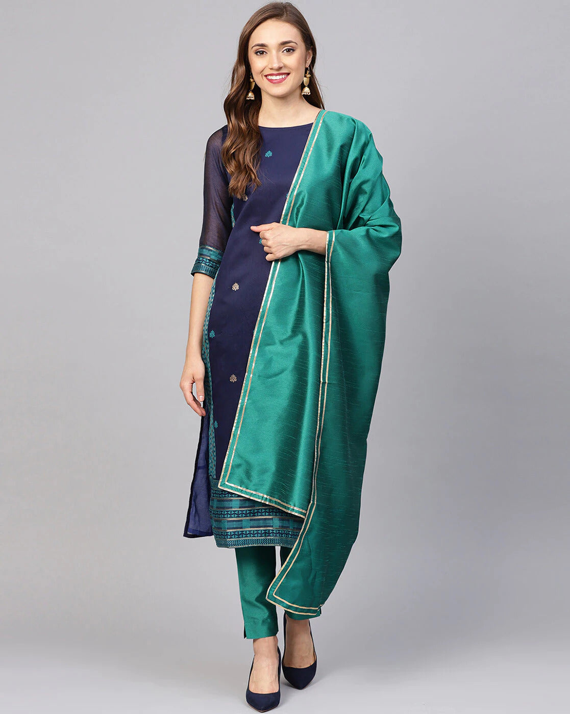 Blue Jacquard-Woven Straight Kurta with Pants & Dupatta