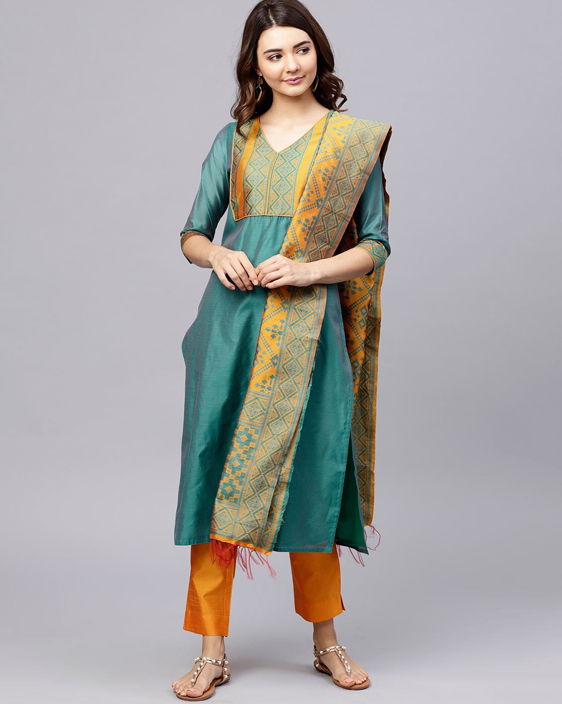 Teal Straight Kurta with Pants & Woven Dupatta