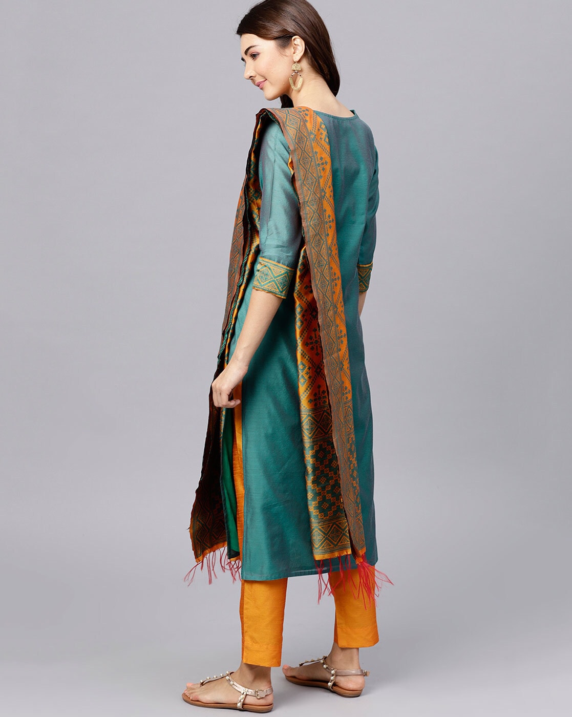 Teal Straight Kurta with Pants & Woven Dupatta