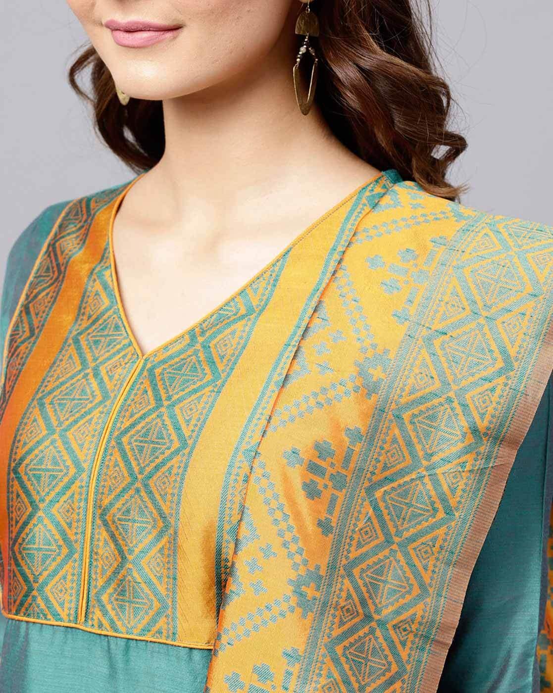 Teal Straight Kurta with Pants & Woven Dupatta