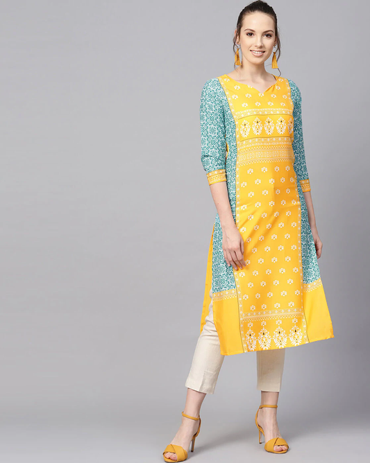 Yellow and blue Straight Kurta