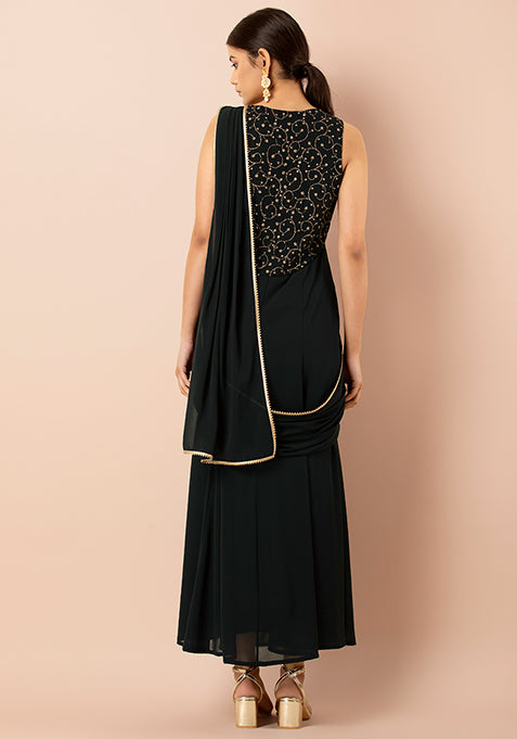 Black Embroidered Fish Cut Saree tunic with Attached Dupatta