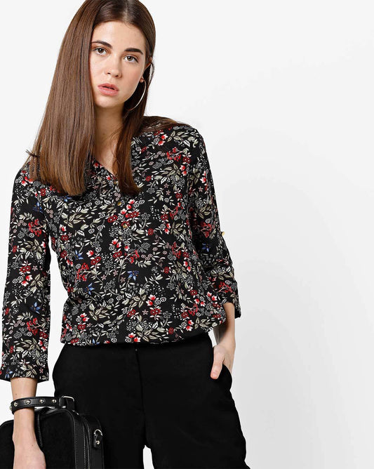 Black Floral Print Top with Notched Mandarin Collar