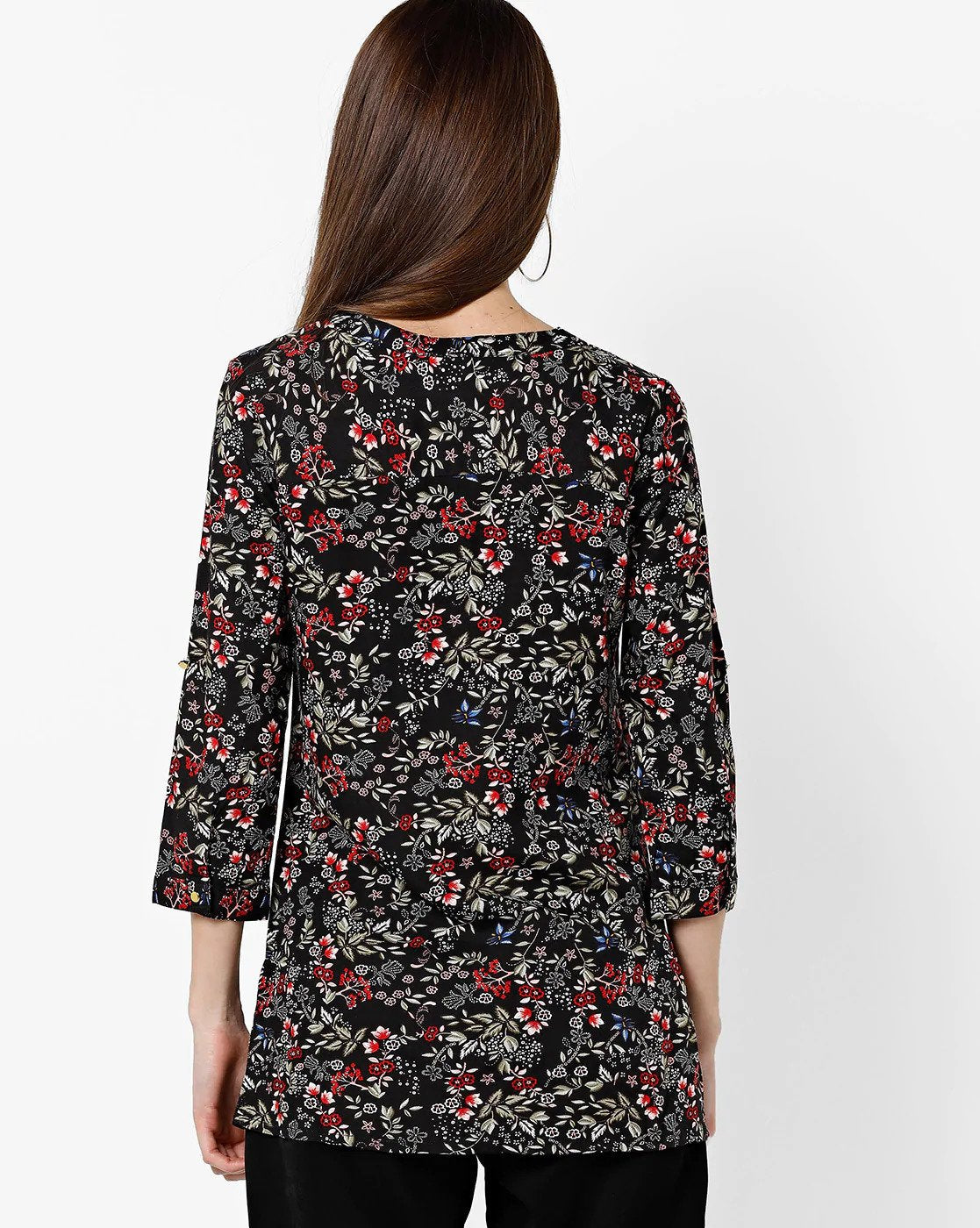 Black Floral Print Top with Notched Mandarin Collar