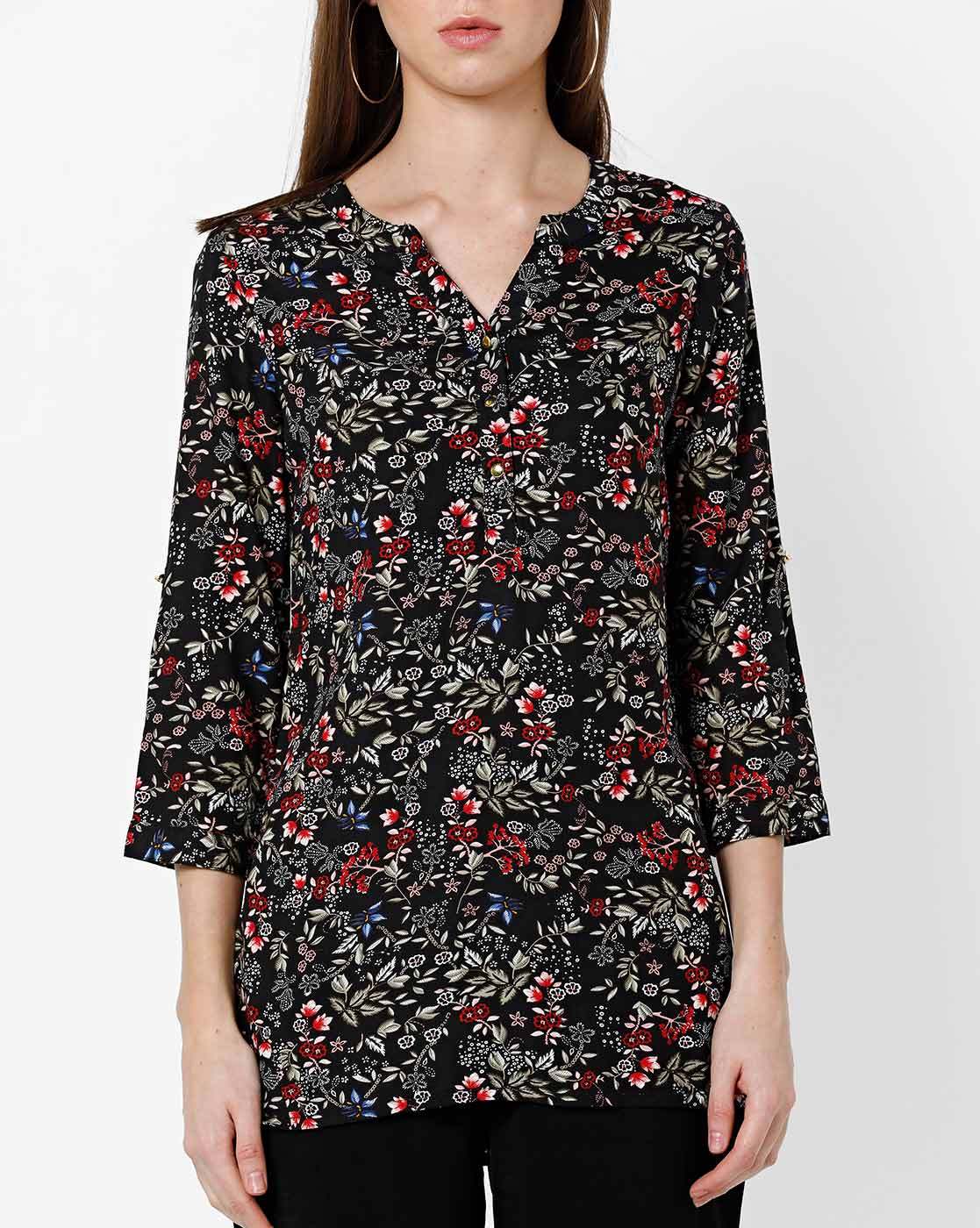 Black Floral Print Top with Notched Mandarin Collar