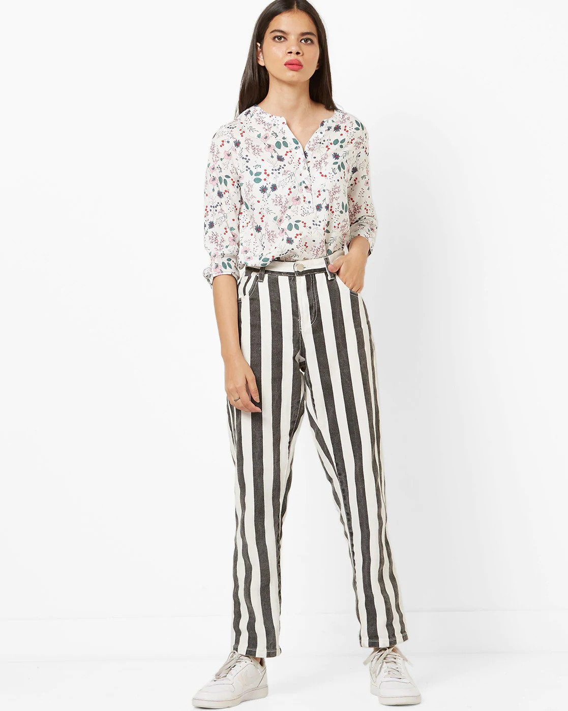 Off-White Floral Print Top with Notched Mandarin Collar