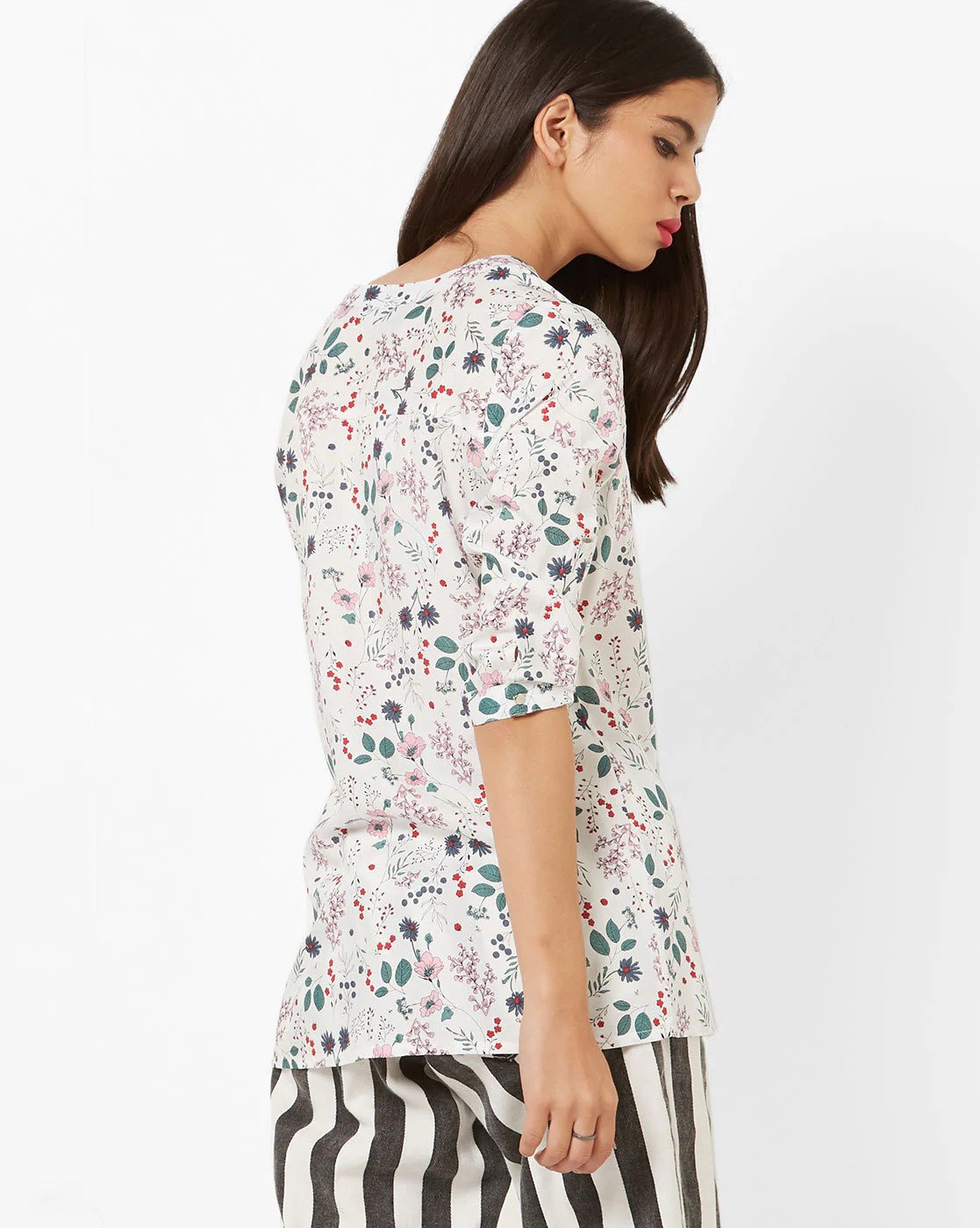 Off-White Floral Print Top with Notched Mandarin Collar