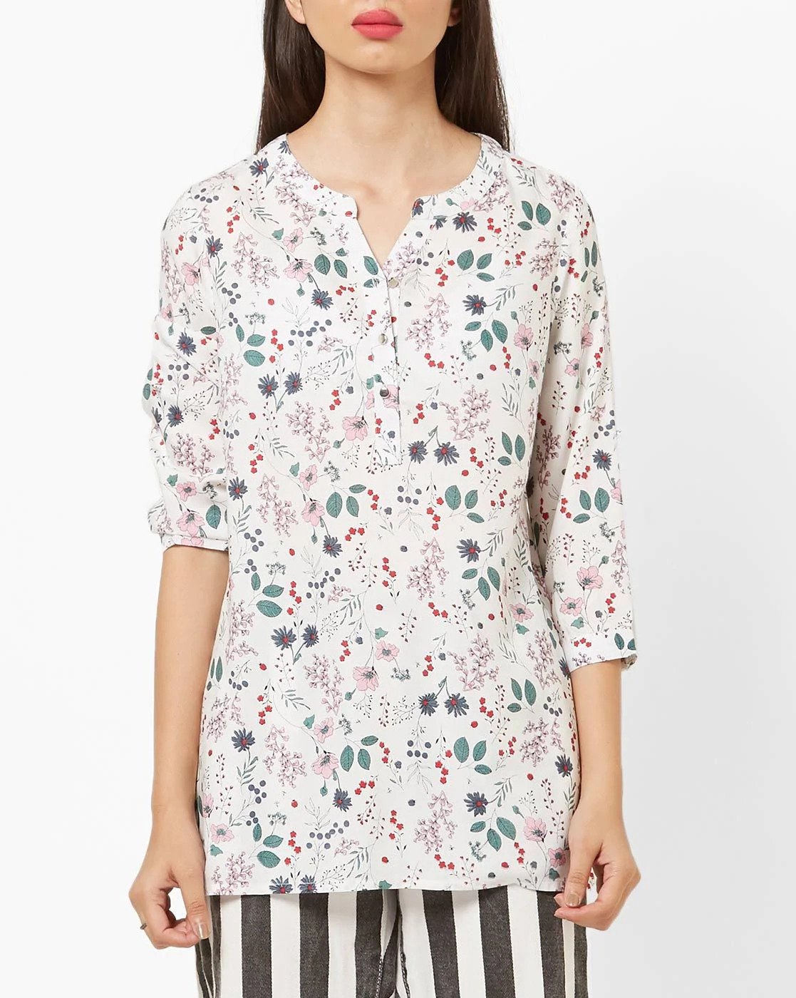 Off-White Floral Print Top with Notched Mandarin Collar