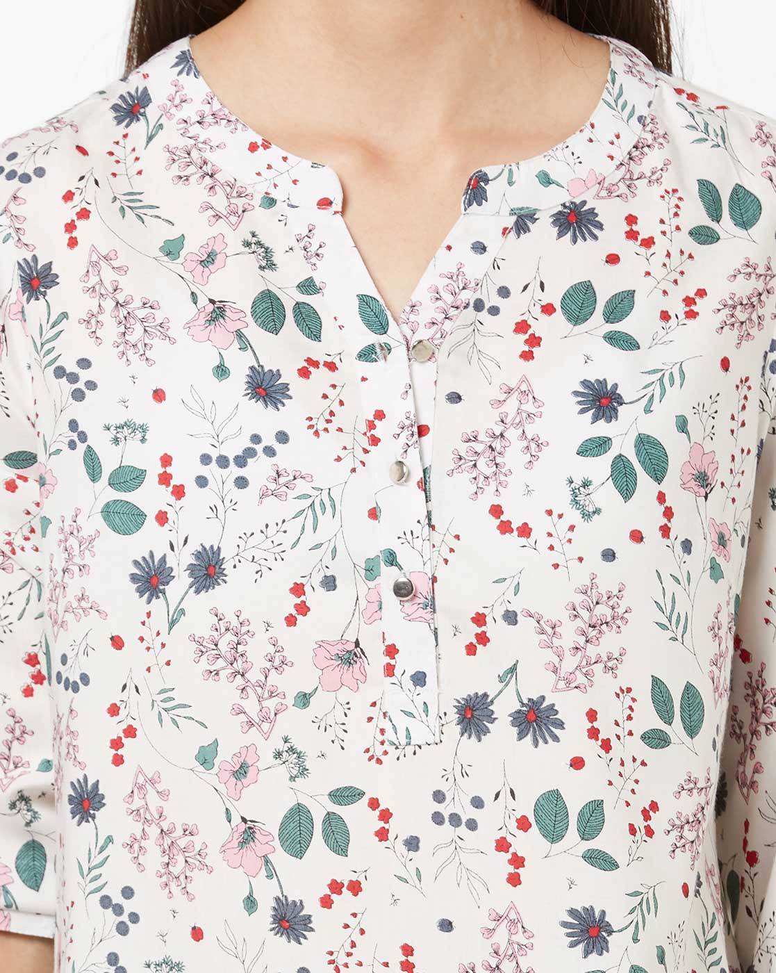 Off-White Floral Print Top with Notched Mandarin Collar