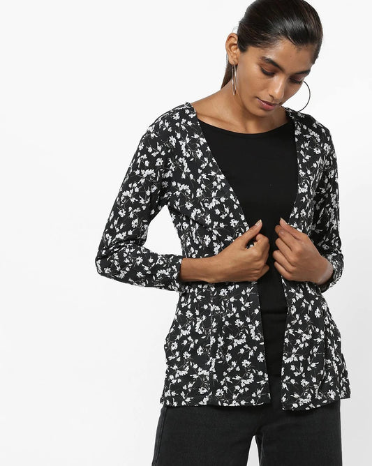 Black Floral Print Shrug Round-Neck Twofer Top