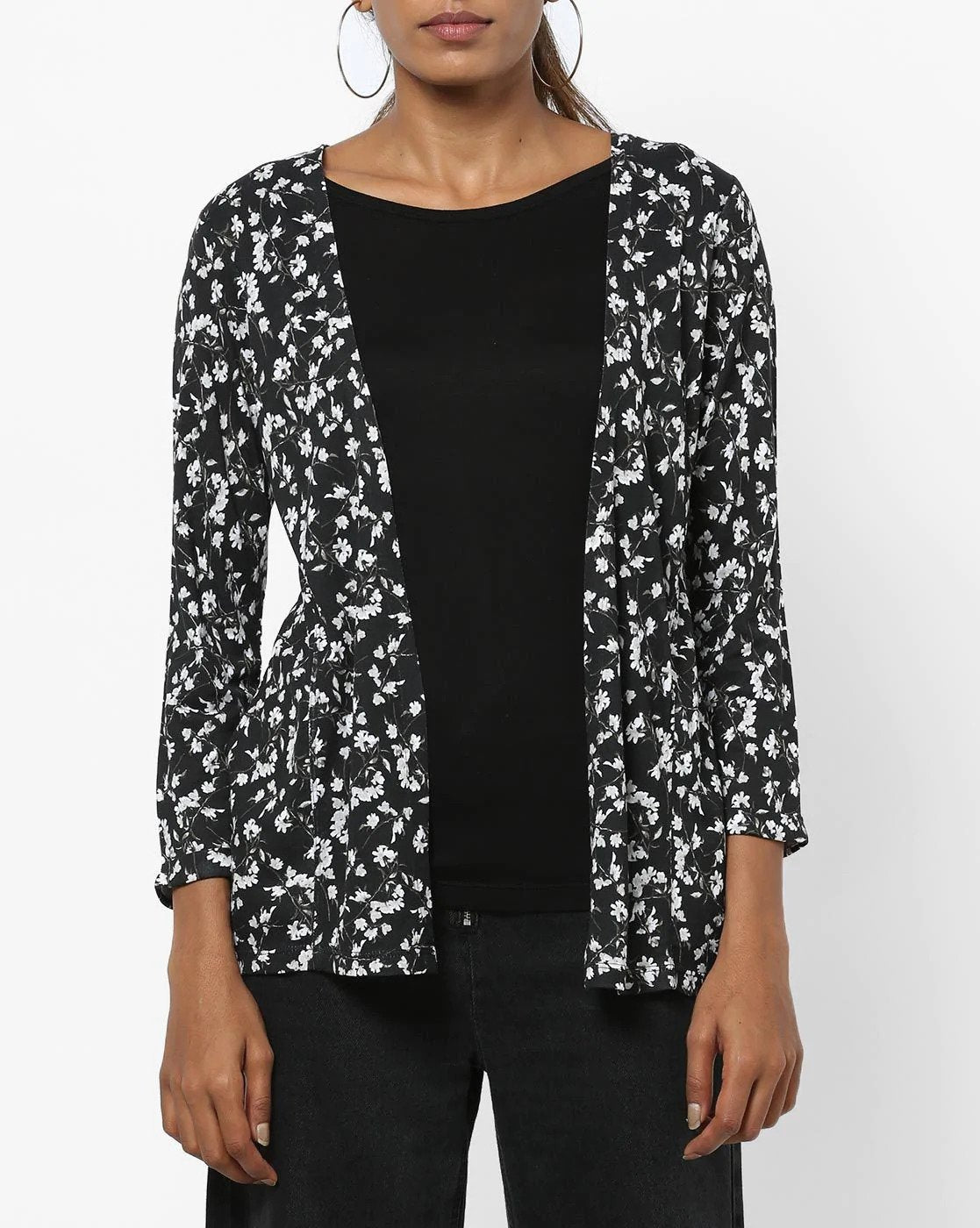 Black Floral Print Shrug Round-Neck Twofer Top