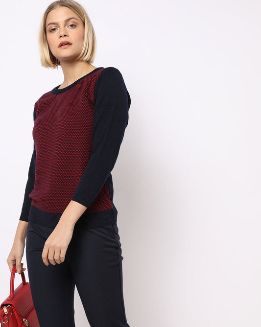 Navy Blue Jacquard-Woven Round-Neck Top