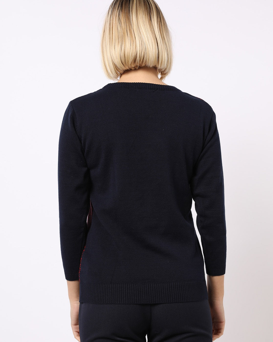 Navy Blue Jacquard-Woven Round-Neck Top