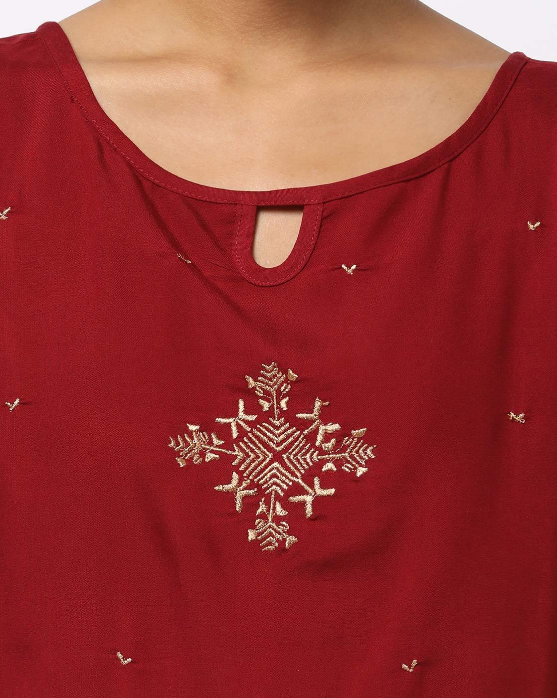 Wine red Embroidered Round-Neck Kurti with Motifs