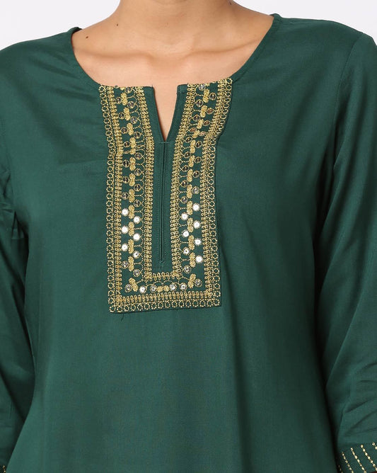 Green Round-Neck Kurti with Embroidered Placket