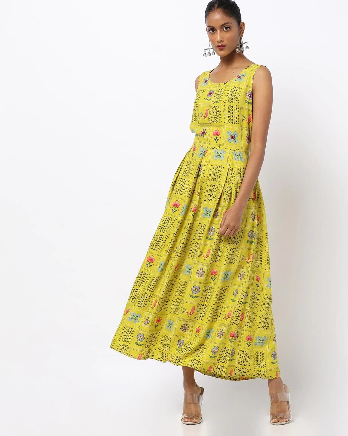 Lime Printed Sleeveless Maxi A-line Dress