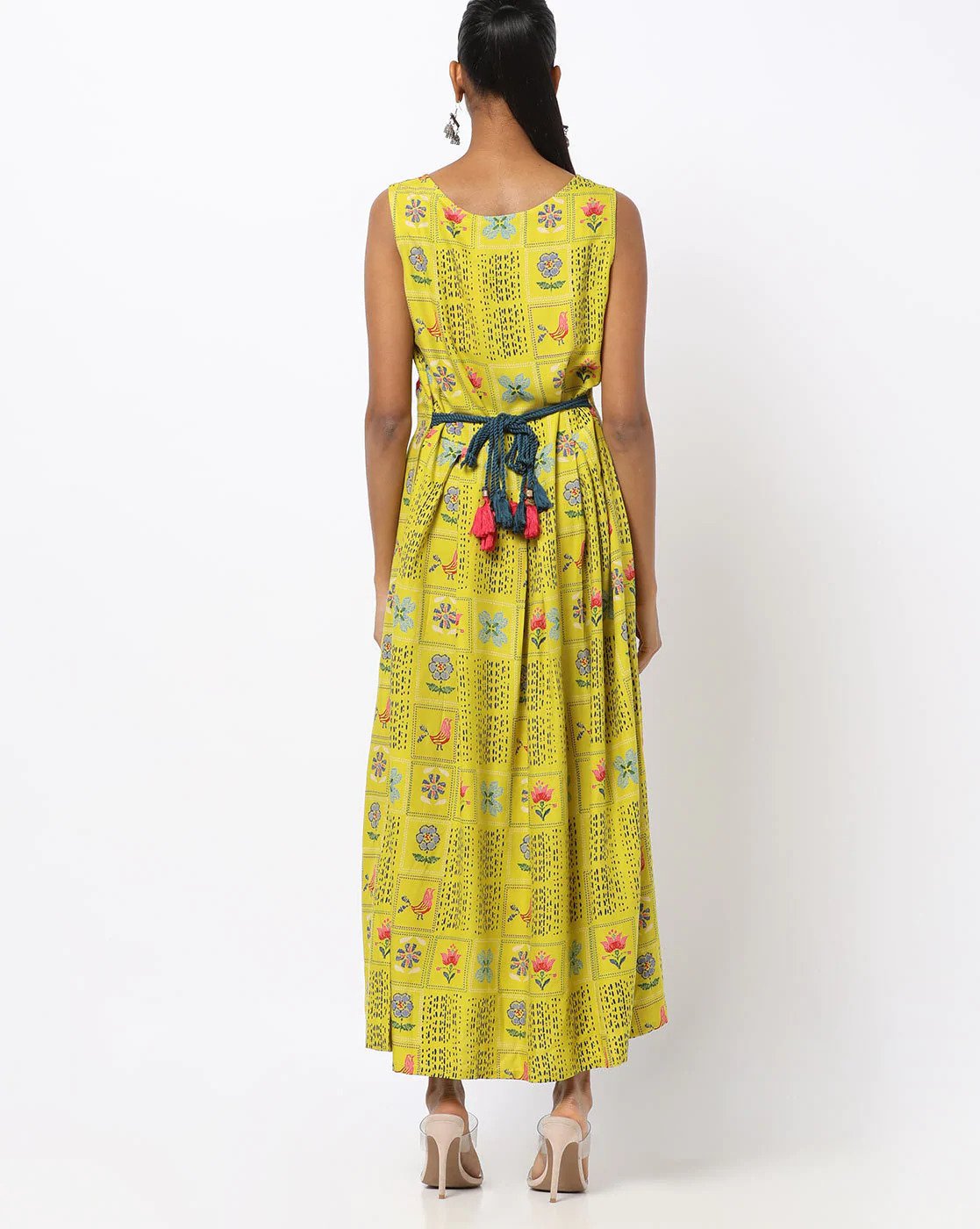 Lime Printed Sleeveless Maxi A-line Dress