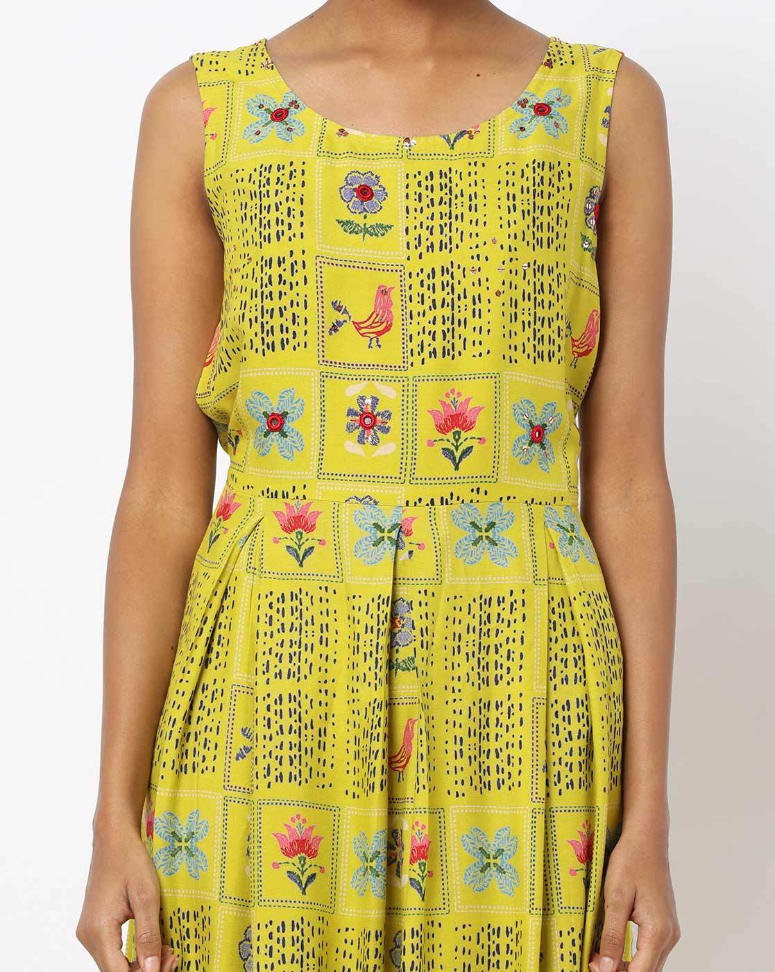 Lime Printed Sleeveless Maxi A-line Dress