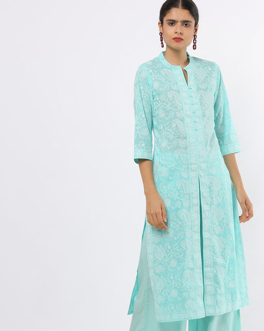 Blue Embroidered Straight Kurta