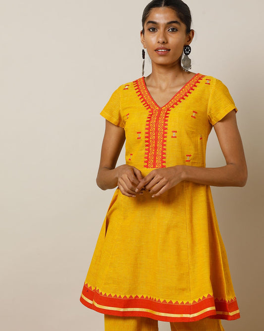 Mustard Yellow Embroidered South Cotton Pleated Tunic