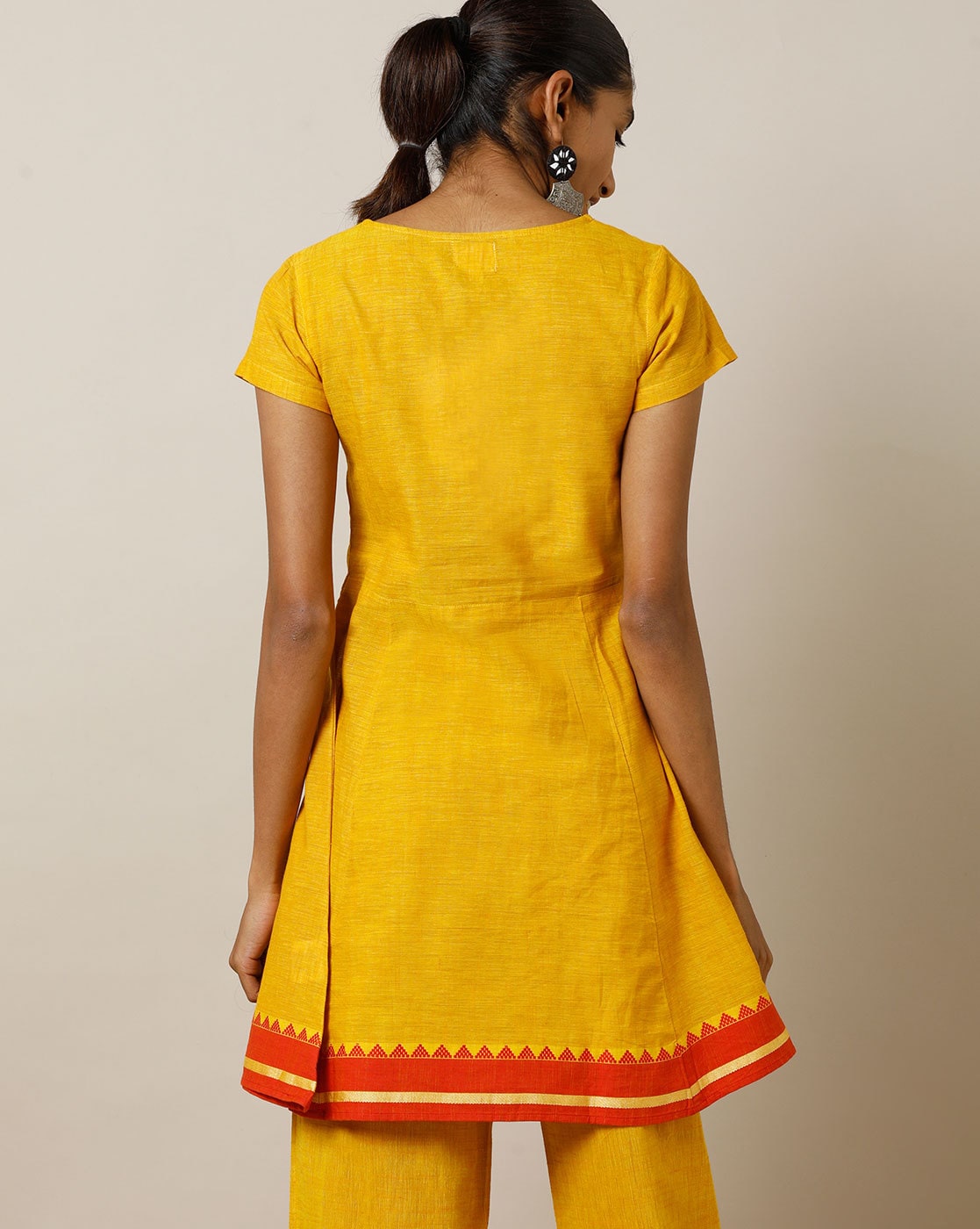 Mustard Yellow Embroidered South Cotton Pleated Tunic