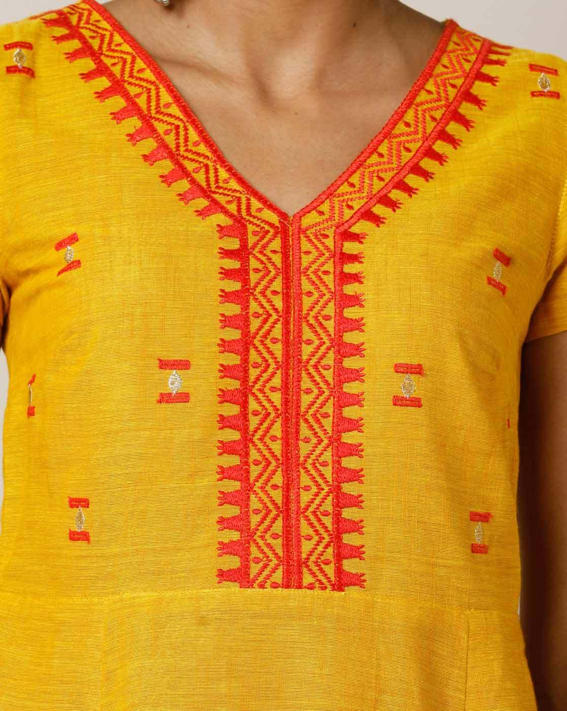 Mustard Yellow Embroidered South Cotton Pleated Tunic