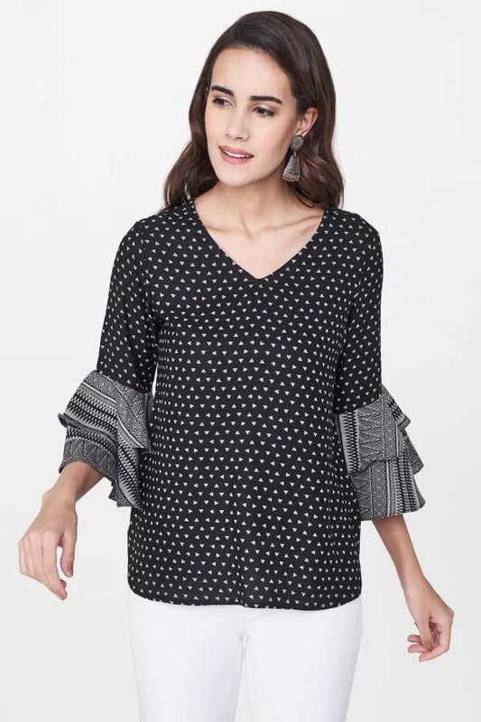 Black Aztec Ruffle Sleeve Top