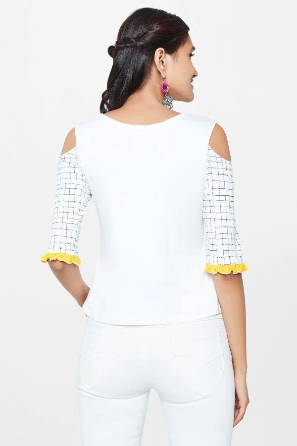 White Puppet Print Cold Shoulder Top