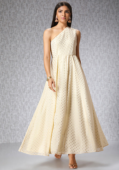 Ivory One Shoulder Polka Foil Maxi Tunic