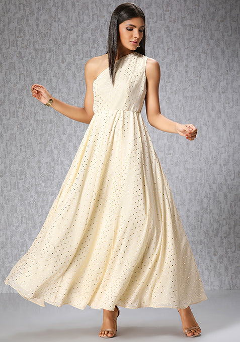 Ivory One Shoulder Polka Foil Maxi Tunic