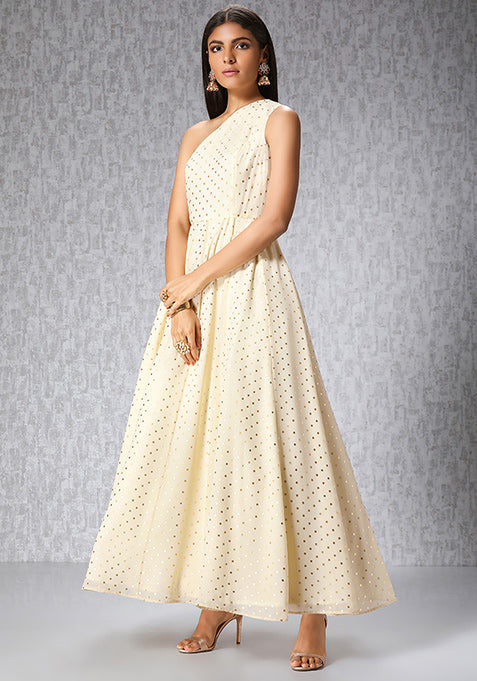 Ivory One Shoulder Polka Foil Maxi Tunic