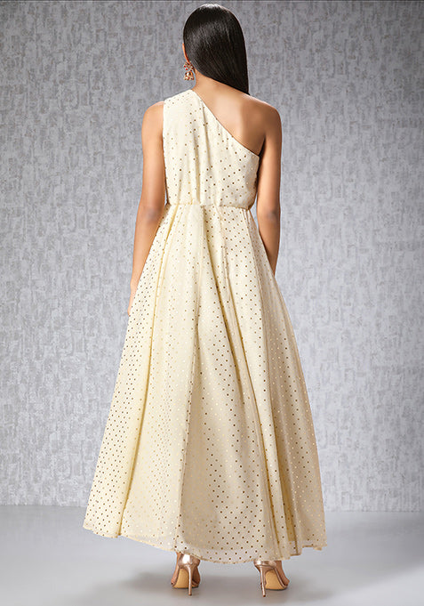 Ivory One Shoulder Polka Foil Maxi Tunic