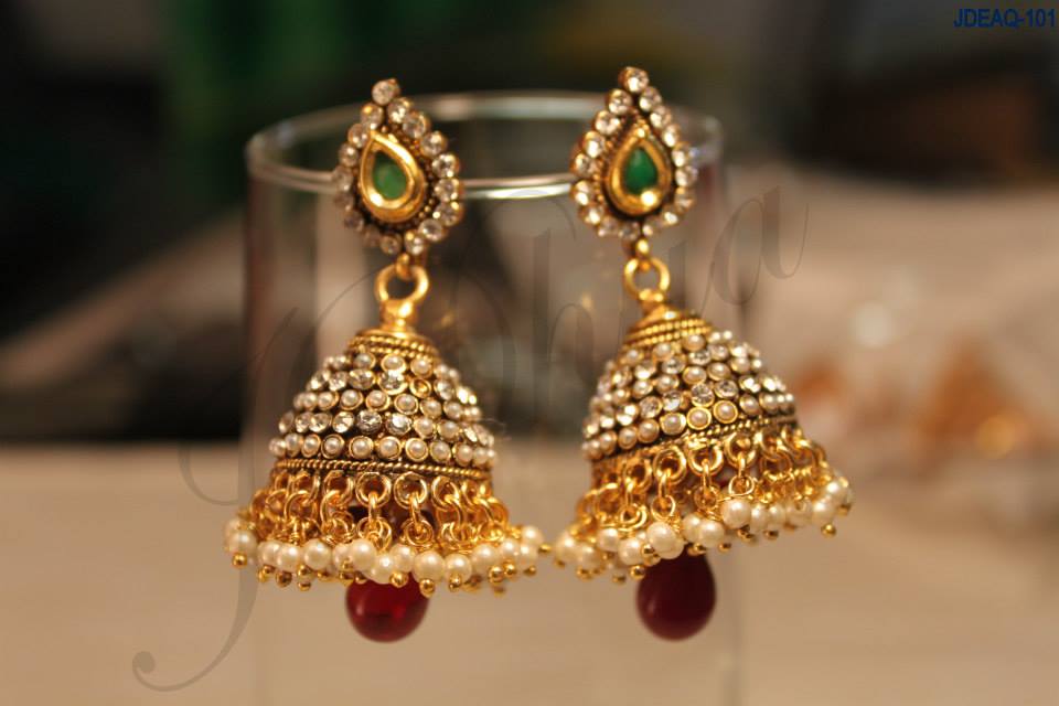 Jhumka with alternate beads and white stones embedded