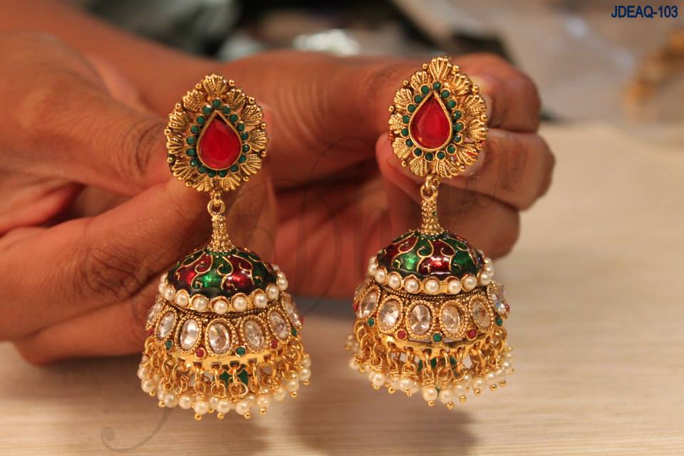 Jhumka with red/green color and beads/stones embedded