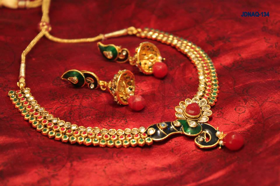 Polki necklace set with peacock dollar design and jhumka