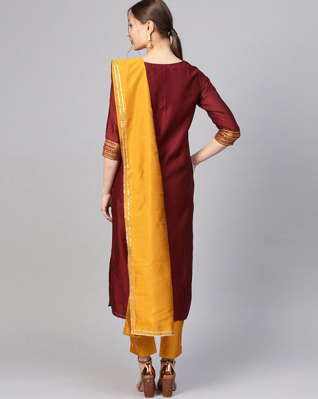 Maroon Jacquard-Woven Straight Kurta with Pants & Dupatta