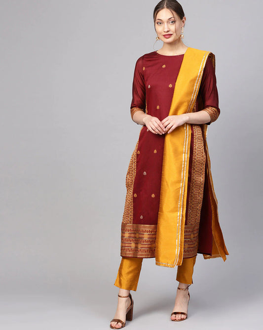 Maroon Jacquard-Woven Straight Kurta with Pants & Dupatta