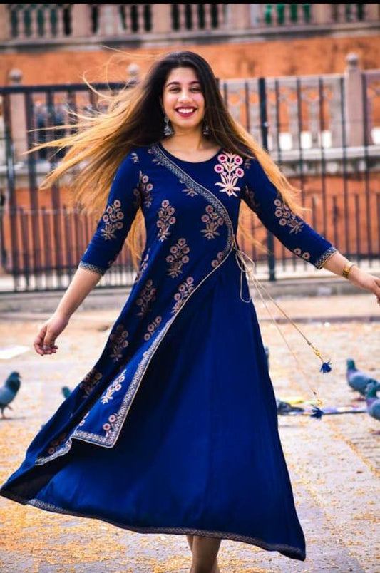 Navy Blue Angrakha Long Kurti