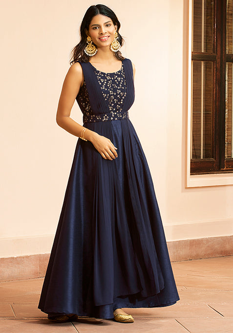 Navy Embroidered Double Dupatta Maxi Tunic