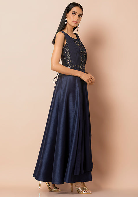 Navy Embroidered Double Dupatta Maxi Tunic