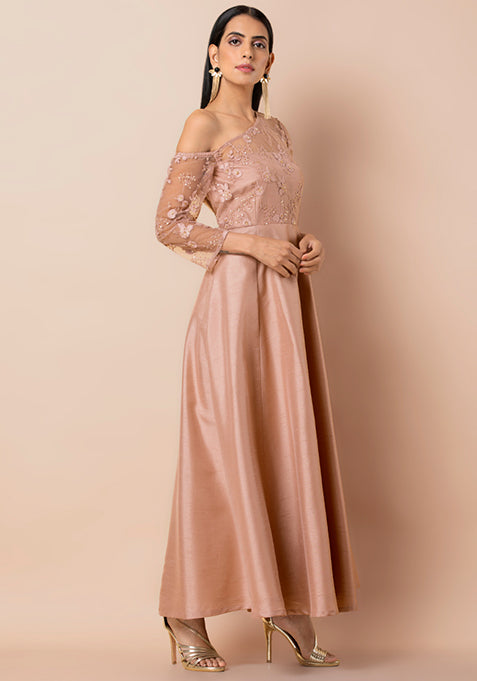 Pink Embroidered Drop Shoulder Maxi Tunic